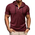 Front view of a men's maroon short-sleeve hooded Henley shirt with waffle texture - S / Tops / Burgundy