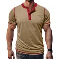 Detailed view of men's khaki Henley T-shirt with red contrast trim and a chest pocket - S / Tops / Khaki
