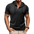 Close-up detail of dark gray short-sleeved hooded Henley t-shirt featuring button placket - S / Tops / Black
