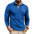 Men's long-sleeved polo shirt in blue with stylish plaid collar and pocket detail - Blue