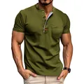 Detalle de camiseta Henley vintage para hombre en verde oliva con bolsillo y cuello abotonado - S / Tops / Verde Militar