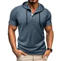 Detailed view of blue short sleeve hooded Henley t-shirt for men with premium textured fabric - Slate Gray