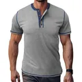 Close-up of grey short-sleeve Henley shirt with navy contrast stitching and button detail - S / Tops / Light Gray