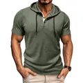 Olive green men's short sleeve hooded Henley t-shirt featuring textured waffle knit fabric - S / Tops / Army Green
