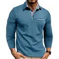 Men's long sleeve blue polo shirt with checkered collar detail and slim fit design. - Light Blue