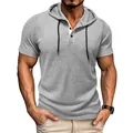 Front view detail of a men's slim fit grey short-sleeved hooded Henley t-shirt - Light Gray