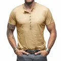 Detailed view of a men's khaki slub cotton Henley t-shirt with button placket - S / Tops / Khaki