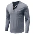 Detailed view of grey-blue long-sleeve Henley shirt with buttoned neck and chest pocket - S / Tops / Light Gray