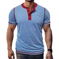 Close-up of blue heather men's Henley t-shirt with red contrast trim and front pocket - S / Tops / Light Blue