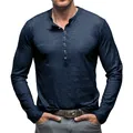Close-up of a navy blue slub cotton Henley shirt for men with long sleeves and buttons - Sapphire Blue