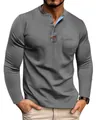 Gedetailleerd overzicht grijs Henley-shirt met lange mouwen en blauwe kraagvoering - S / Tops / donkergrijs