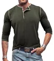 Detail view of dark green men's long-sleeve Henley shirt with buttoned collar. - S / Tops / Army Green