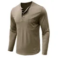 Detailed front view of men's slim fit khaki long sleeve Henley shirt with pocket - S / Tops / Khaki