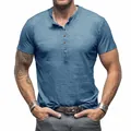 Front view of men's blue slub cotton Henley short sleeve shirt with button placket - S / Tops / Denim Blue