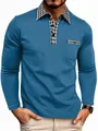 Polo manches longues coupe ajustée bleu sarcelle avec col et poche poitrine à carreaux - Bleu clair