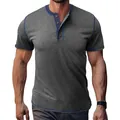 Men's grey Henley t-shirt with blue contrast stitching and short sleeves detail - S / Tops / Dark Gray