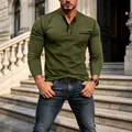 Slim fit men's olive green Henley long sleeve T-shirt with pocket and black stitching details - S / Tops / Army Green