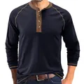 Slim fit navy blue long sleeve Henley shirt for men with brown contrast stitching - S / Tops / Sapphire Blue