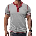 Detailed view of men's grey casual Henley T-shirt featuring red contrast trim and pocket - S / Tops / Light Gray