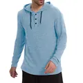 Close-up of men's ribbed hooded T-shirt with button neckline and drawstring details - Sky Blue