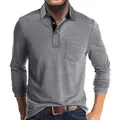 Close-up of a men's gray long-sleeved cotton polo shirt with a stylish chest pocket - S / Tops / Light Gray
