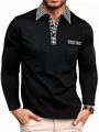 Close-up detail of a black long-sleeve polo shirt featuring a stylish checkered collar - S / Tops / Black