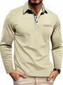 Men's long sleeve polo shirt in beige with contrast plaid collar and pocket detail - Apricot