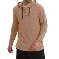 Λεπτομερής προβολή καμηλό πλεκτού henley hoodie με κουμπιά και μακριά μανίκια. - S / Tops / Χακί