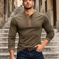 Men's olive green long-sleeve Henley shirt with a slim-fit athletic design - S / Tops / Army Green