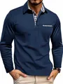 Stylish men's navy blue long sleeve polo shirt featuring a plaid collar and pocket detail - Sapphire Blue