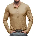 Men's premium long-sleeve Henley shirt in khaki slub cotton featuring a button placket - Khaki