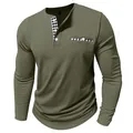Men's army green long sleeve Henley shirt with black and white checkered collar detail - S / Tops / Army Green