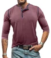 Detail view of maroon men's Henley shirt with navy contrast trim and button collar - Dark Red