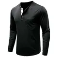 Close-up of black men's Henley shirt featuring white contrast placket and pocket detail - S / Tops / Black
