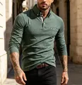 Detail view of men's green long-sleeved polo shirt featuring stylish checkered collar lining - Green