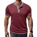 Close-up view of a men's burgundy Henley t-shirt featuring stylish grey contrast trim details - S / Tops / Burgundy
