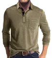 Vue détaillée d'un polo à manches longues olive pour homme avec élégant col contrasté - Kaki Clair