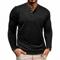 Classic men's black long-sleeved Henley shirt with chest pocket for casual daily wear - Black