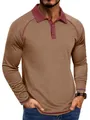 Détail d'un polo à manches longues pour homme, marron avec col rouge contrasté et boutons - Kaki
