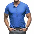 Men's classic blue short sleeve Henley shirt made from breathable slub cotton fabric - Blue