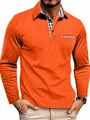 Orange long-sleeved men's polo shirt with stylish plaid collar and pocket detail - S / Tops / Orange