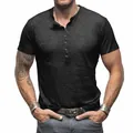 Classic men's black short sleeve Henley shirt in breathable slub cotton texture - S / Tops / Black