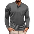Men's casual long sleeve Henley T-shirt with chest pocket in solid dark gray color - S / Tops / Dark Gray