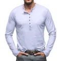 Détail d'un t-shirt Henley à manches longues en coton flammé de qualité pour hommes - S / Hauts / Blanc