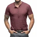 Classic maroon short sleeve Henley shirt in breathable slub cotton for men - Burgundy