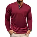 Casual men's burgundy long-sleeved Henley T-shirt featuring a chest pocket and buttons - S / Tops / Burgundy