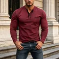 Men's muscular fit burgundy Henley long sleeve shirt with pocket and button collar - S / Tops / Burgundy