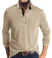 Vue détaillée d'un polo à manches longues en coton kaki pour hommes avec poche poitrine - Abricot
