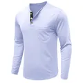 Close-up detail of light blue men's Henley shirt with chest pocket and black placket. - S / Tops / White