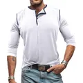 Classic white men's long sleeve Henley shirt featuring stylish navy contrast trim and buttons - S / Tops / White